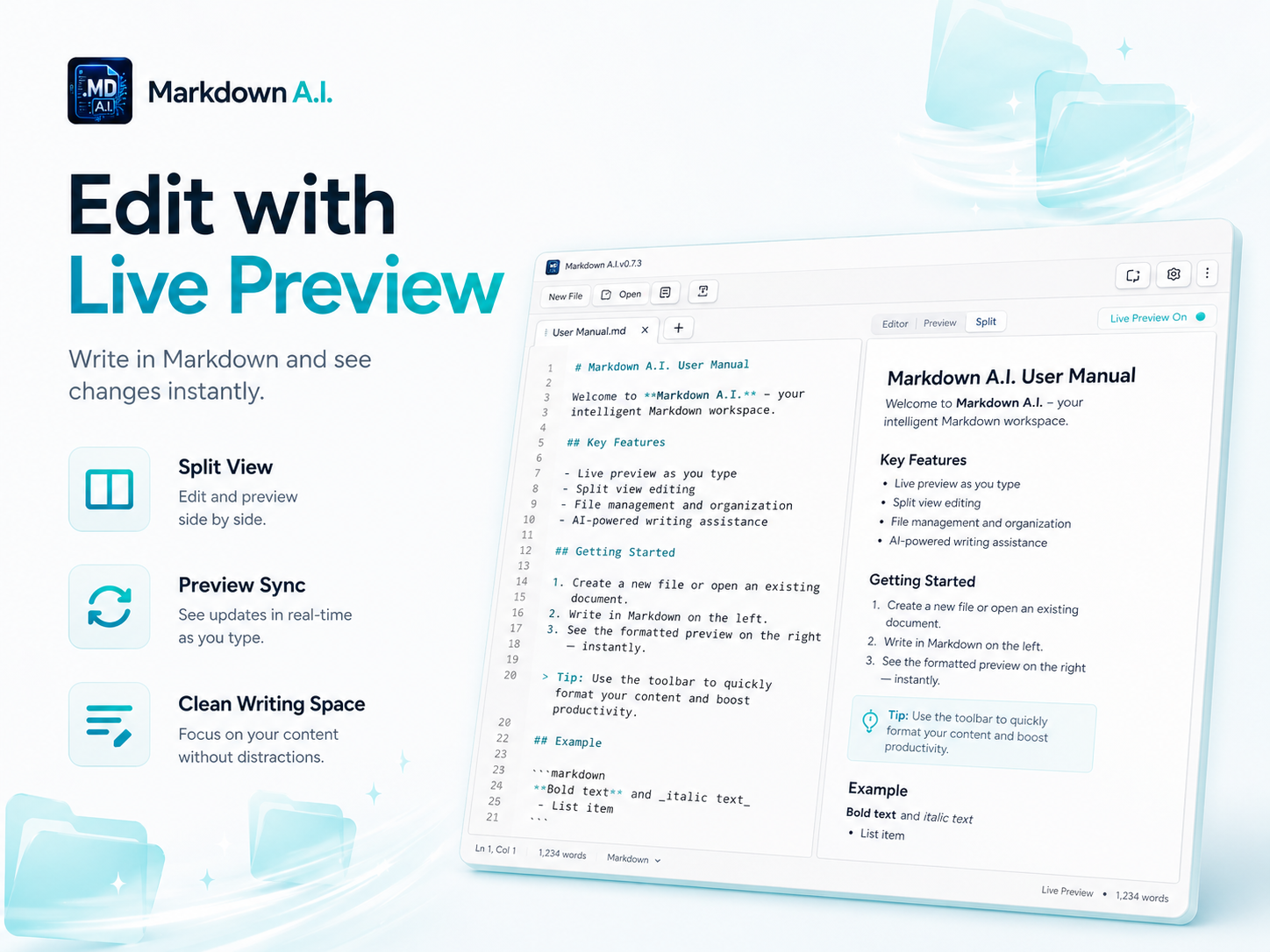 Side-by-side live preview in Markdown AI