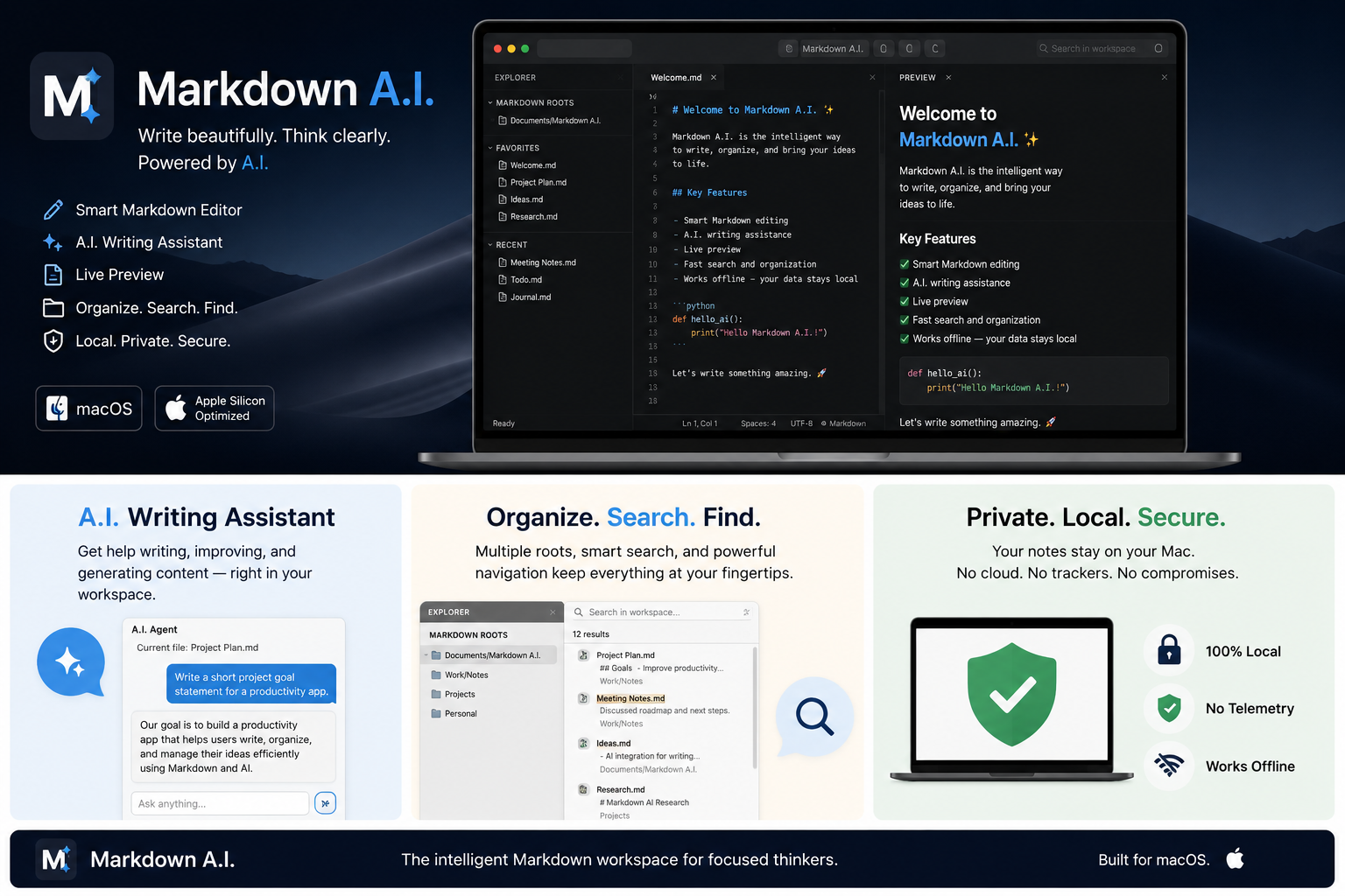 Markdown AI dark mode workspace on macOS